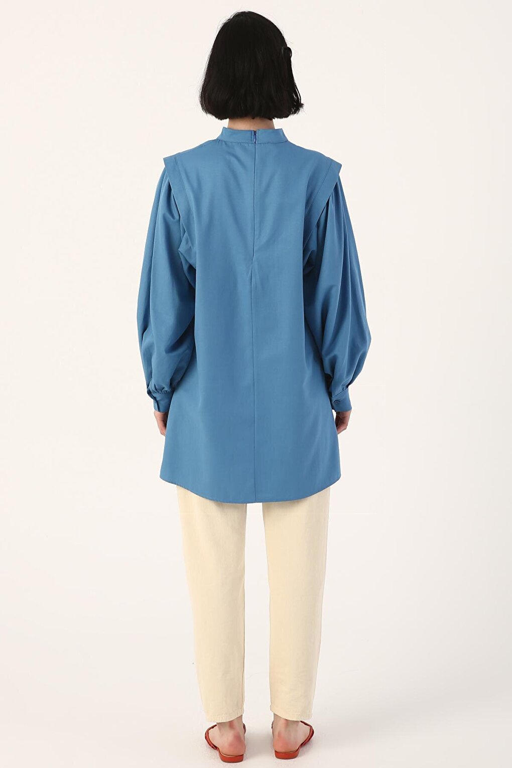 Dark Blue Shoulder Pleat Detailed Balloon Sleeve Tunic