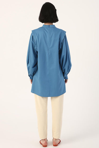 Dark Blue Shoulder Pleat Detailed Balloon Sleeve Tunic