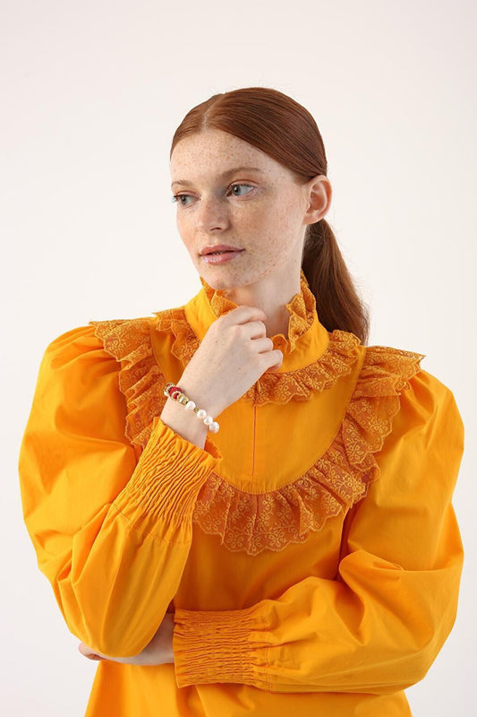 Dark Yellow 100% Cotton Tunic with Lace Collar and Sleeves