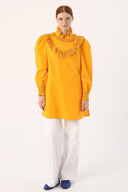 Dark Yellow 100% Cotton Tunic with Lace Collar and Sleeves