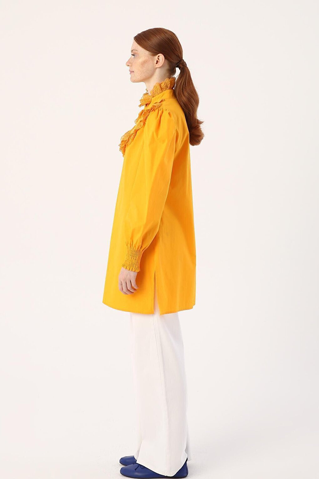 Dark Yellow 100% Cotton Tunic with Lace Collar and Sleeves