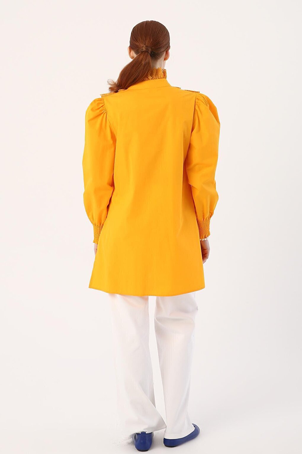 Dark Yellow 100% Cotton Tunic with Lace Collar and Sleeves