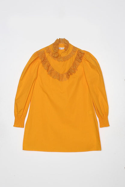 Dark Yellow 100% Cotton Tunic with Lace Collar and Sleeves