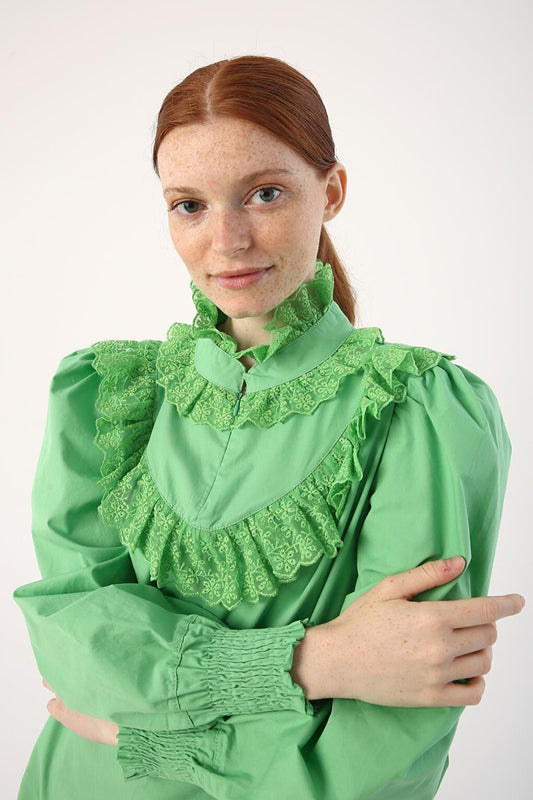 Light Green 100% Cotton Tunic with Lace Collar and Sleeves