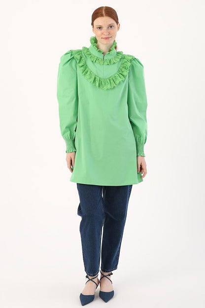 Light Green 100% Cotton Tunic with Lace Collar and Sleeves