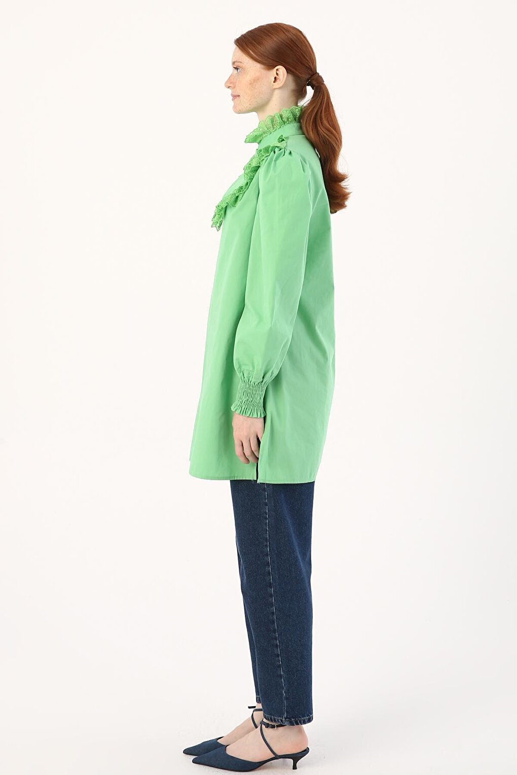 Light Green 100% Cotton Tunic with Lace Collar and Sleeves