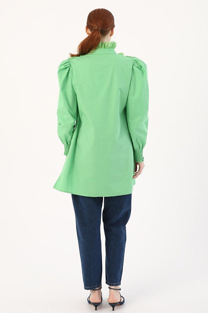 Light Green 100% Cotton Tunic with Lace Collar and Sleeves