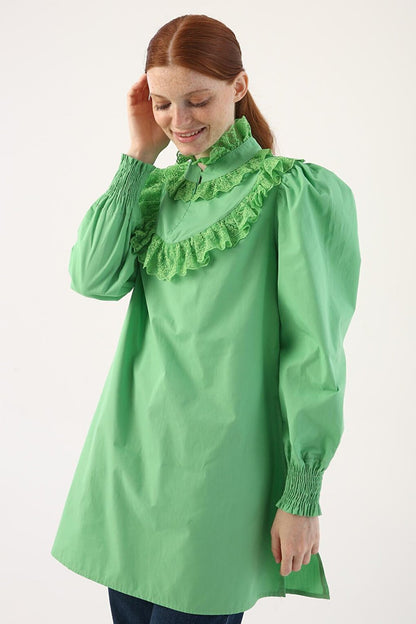 Light Green 100% Cotton Tunic with Lace Collar and Sleeves