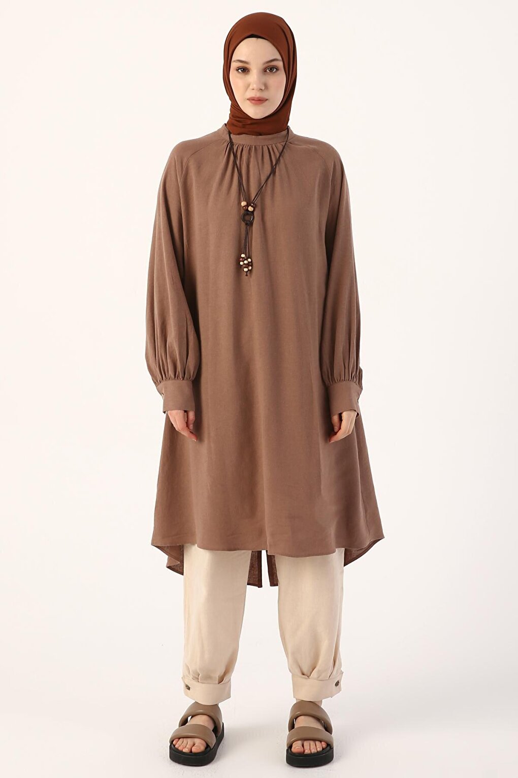 Earthen Collar Viscose Linen Shirt with Necklace