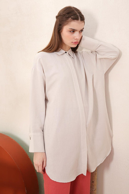 Stone Hidden Placket Viscose Linen Shirt Tunic