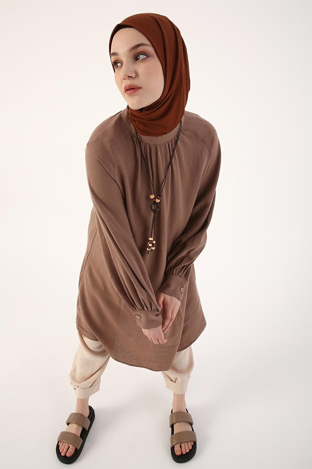 Earthen Collar Viscose Linen Shirt with Necklace