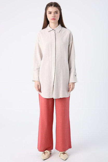 Stone Hidden Placket Viscose Linen Shirt Tunic