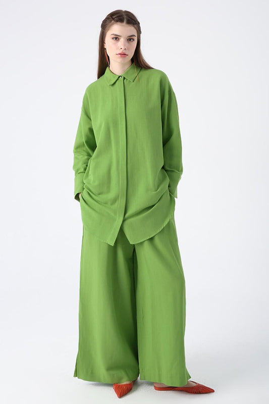 Green Hidden Placket Viscose Linen Shirt Tunic