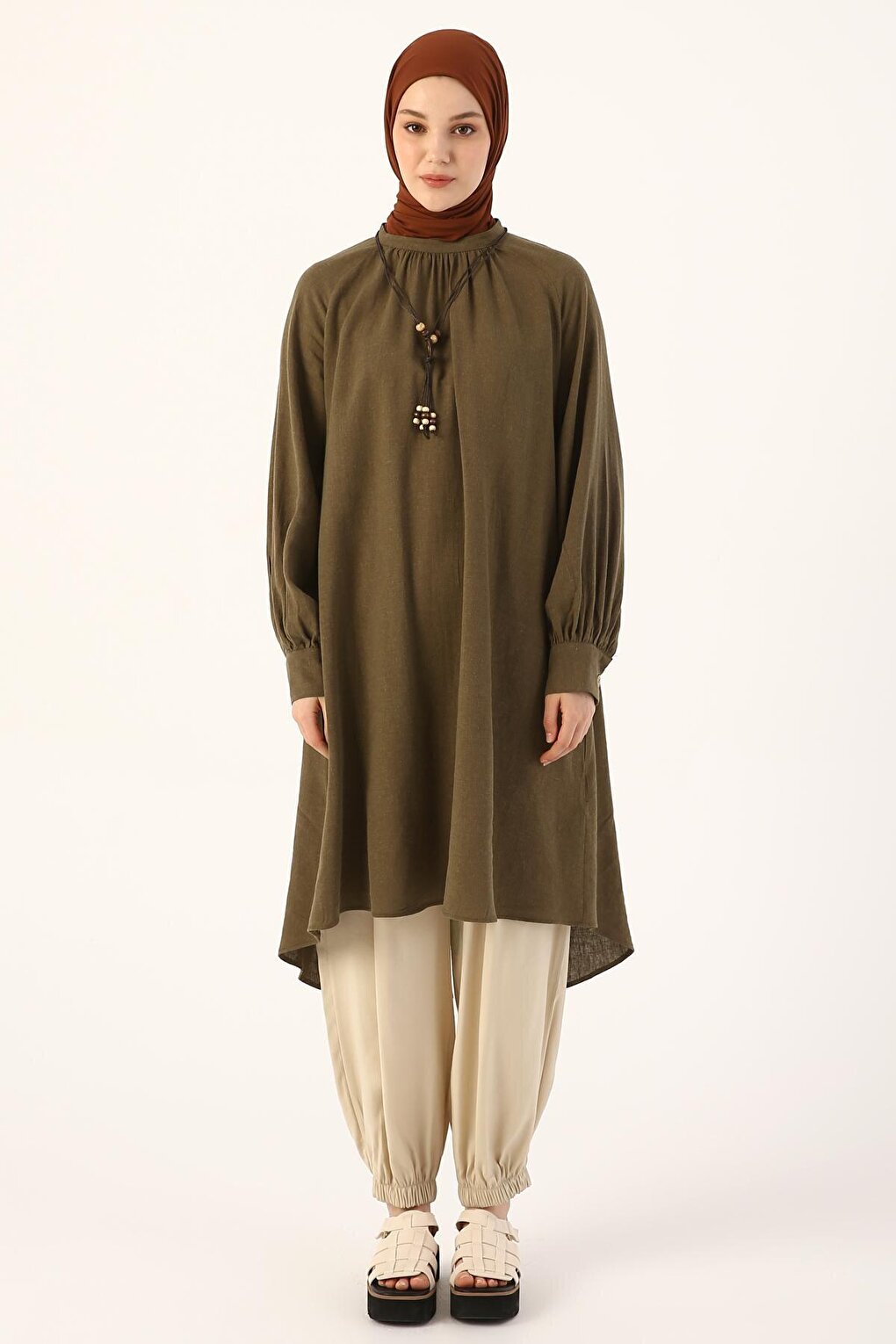 Khaki Collar Necklace Viscose Linen Shirt