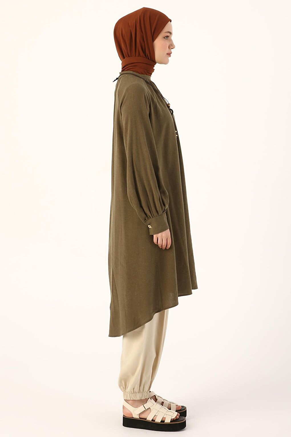 Khaki Collar Necklace Viscose Linen Shirt