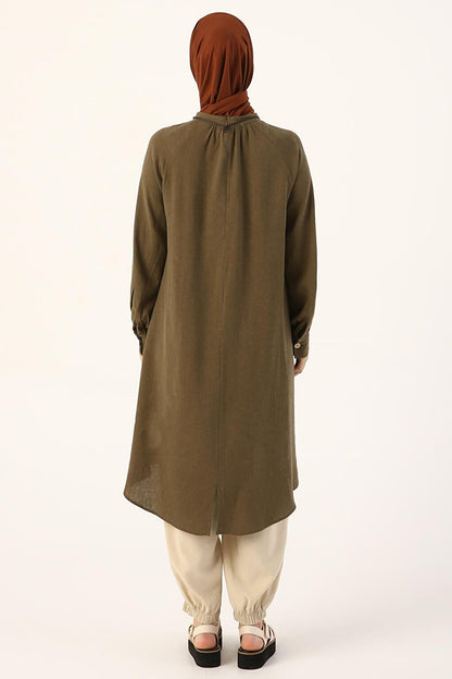 Khaki Collar Necklace Viscose Linen Shirt