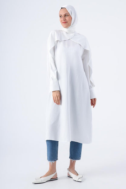 White Stylish Button Detailed Tunic with Flounce Sleeves