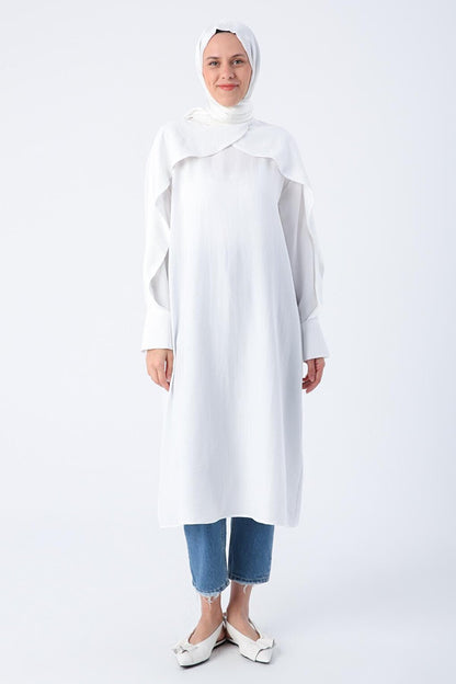 White Stylish Button Detailed Tunic with Flounce Sleeves