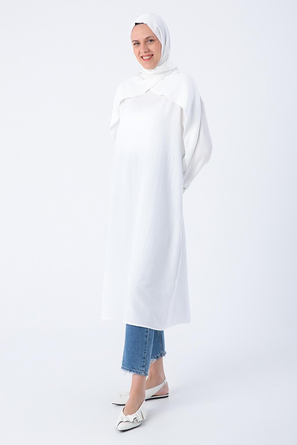 White Stylish Button Detailed Tunic with Flounce Sleeves