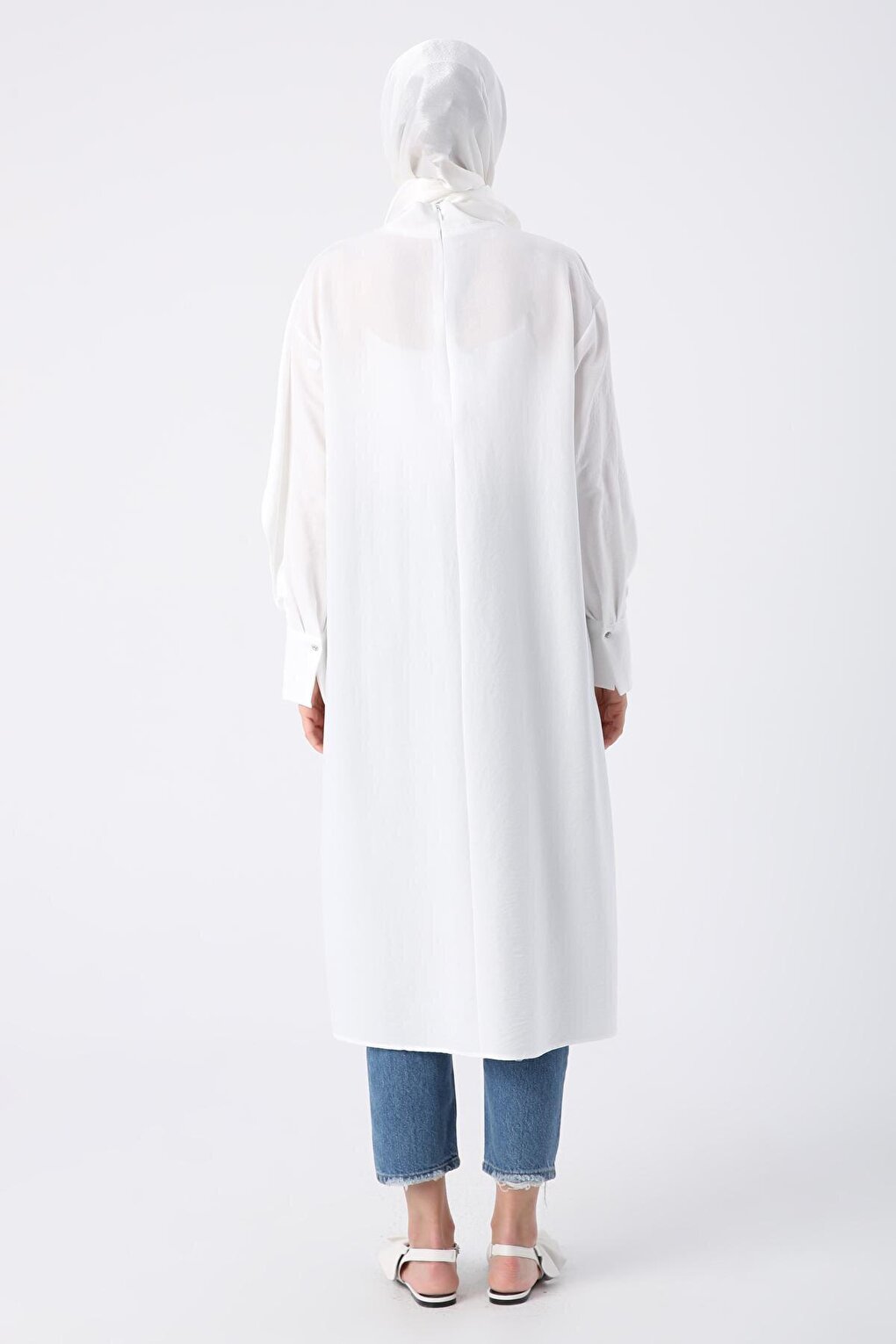 White Stylish Button Detailed Tunic with Flounce Sleeves