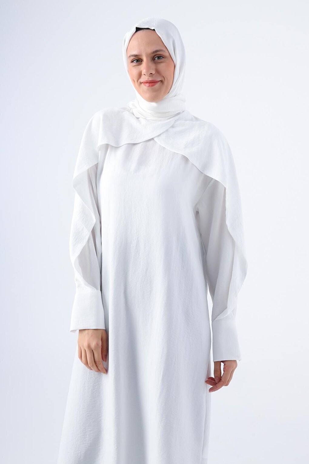 White Stylish Button Detailed Tunic with Flounce Sleeves