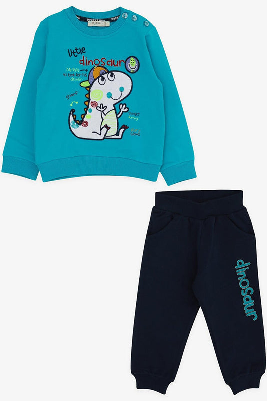 Baby Boy Tracksuit Set Turquoise with Tiny Dinosaur Embroidery (1-1.5 Years)