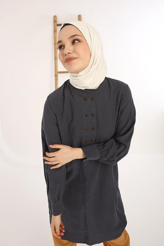 Indigo Collar Double Buttoned Linen Tunic