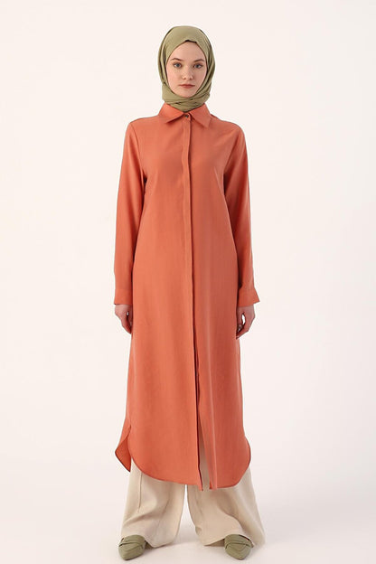 Basic Long Shirt Tunic with Salmon Hidden Placket