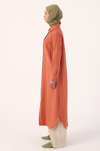 Basic Long Shirt Tunic with Salmon Hidden Placket