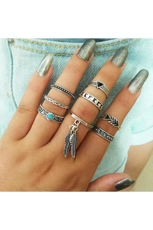 Set of 8 Rings with Ethnic Feather Figures