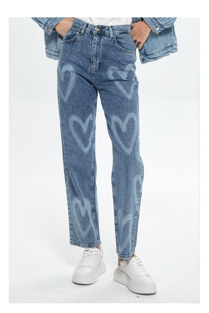 Heart Printed Jean Trousers Blue