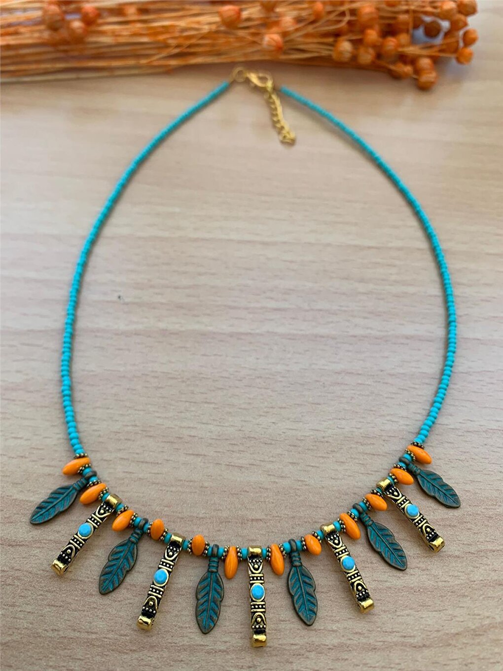 Orange Blue Leaf Figured Design Necklace