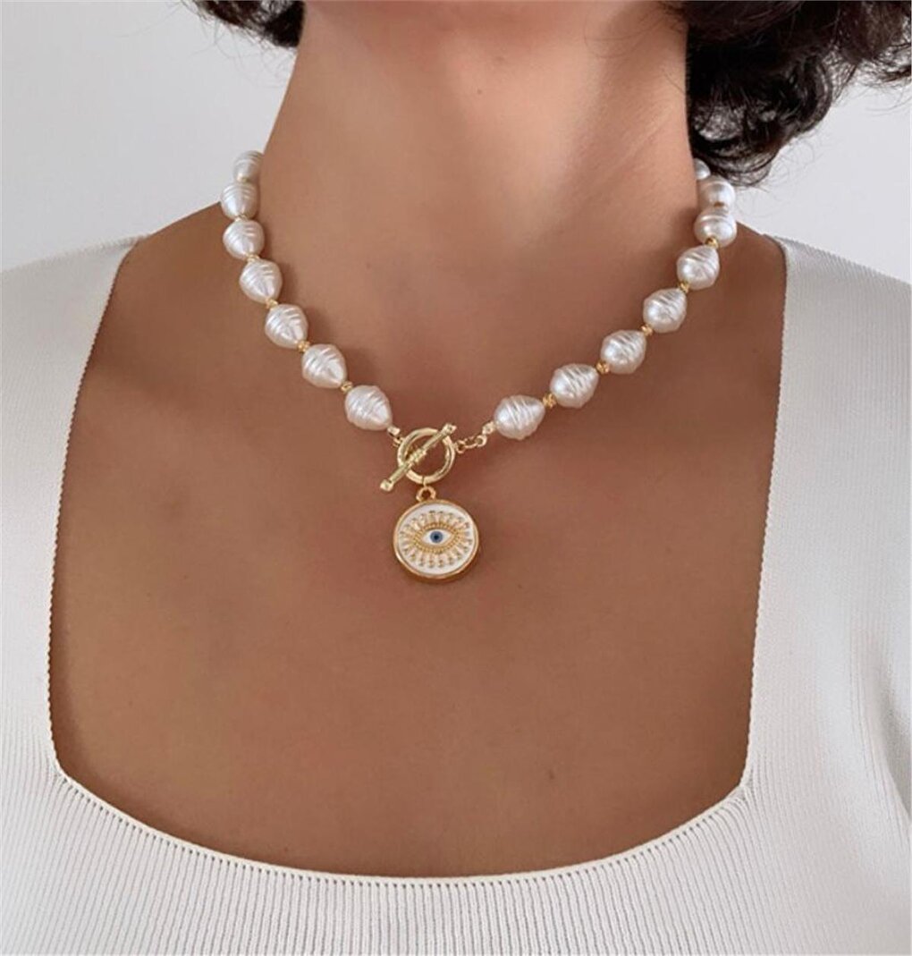 Baroque Pearl Shaped Design Necklace with White Eye Figure