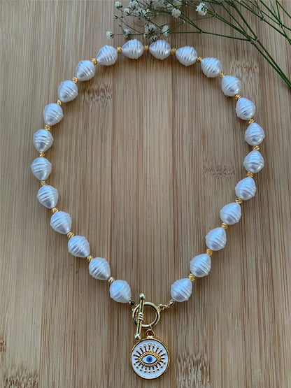 Baroque Pearl Shaped Design Necklace with White Eye Figure