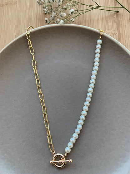 Paperclip Chain Necklace with Glass Pearl