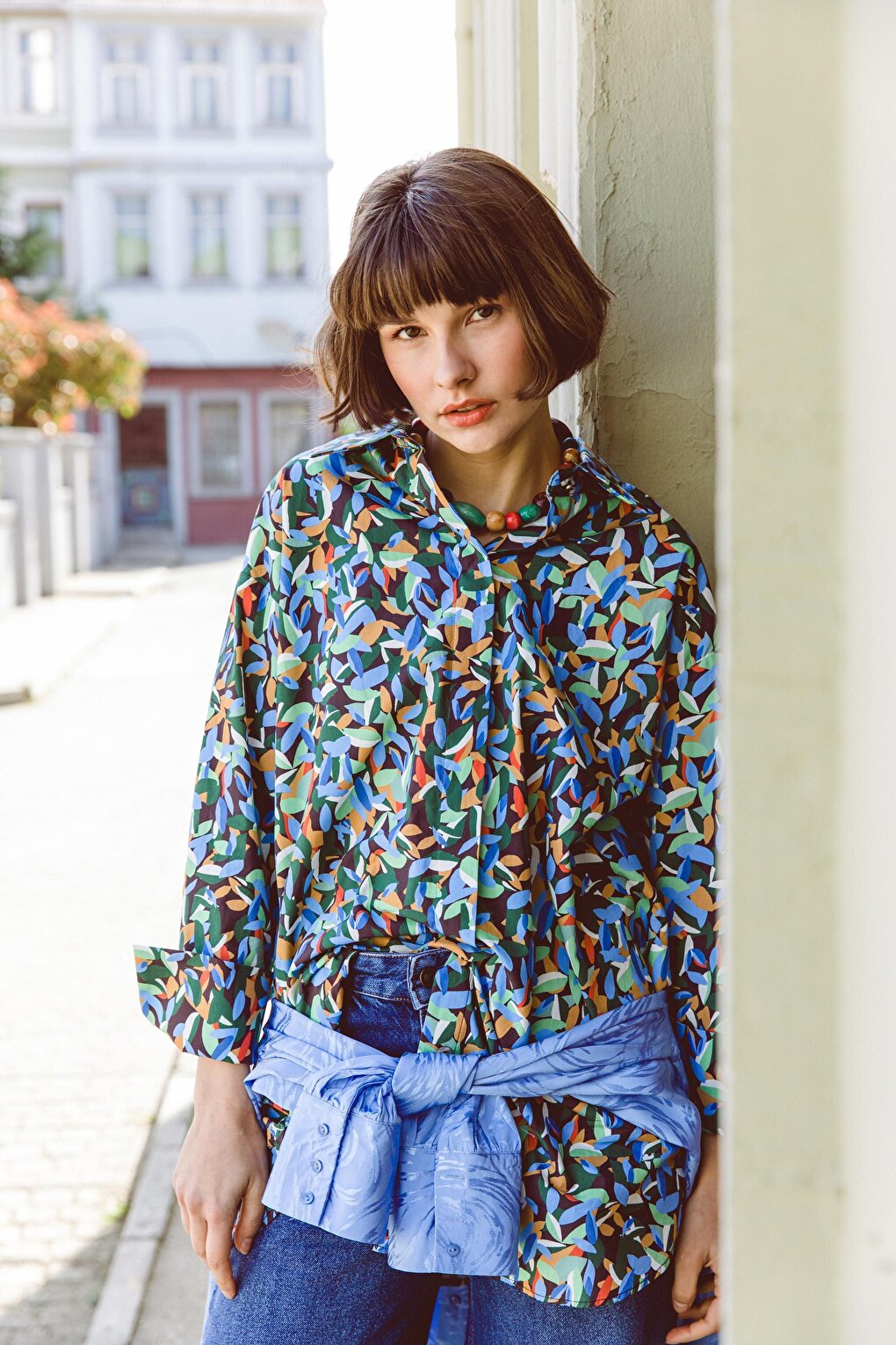 Black-Green 100% Cotton Patterned Hidden Placket Shirt Tunic