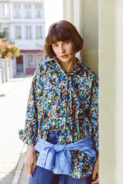 Black-Green 100% Cotton Patterned Hidden Placket Shirt Tunic