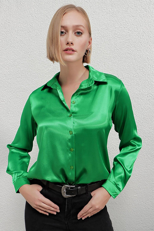 Women's Dark Green Lightly Flowing Satin Surface Shirt HZL22W-BD139641