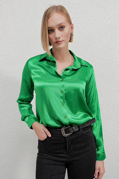 Women's Dark Green Lightly Flowing Satin Surface Shirt HZL22W-BD139641