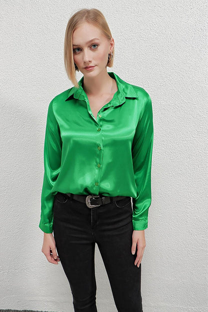 Women's Dark Green Lightly Flowing Satin Surface Shirt HZL22W-BD139641