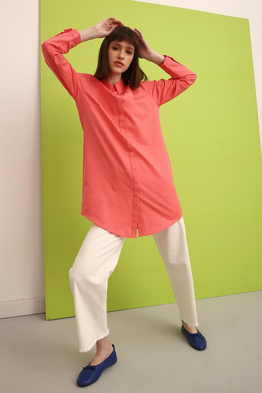 Pink Basic Hidden Placket Shirt Tunic