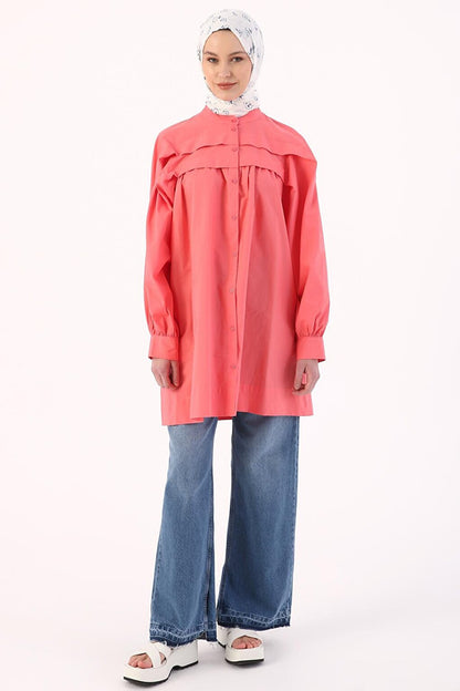 Pink 100% Cotton Judge Collar Pleated Cotton Tunic