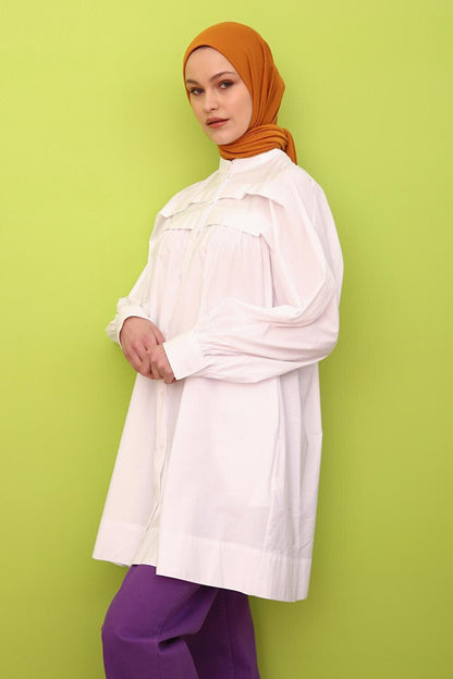 White 100% Cotton Judge Collar Pleated Cotton Tunic