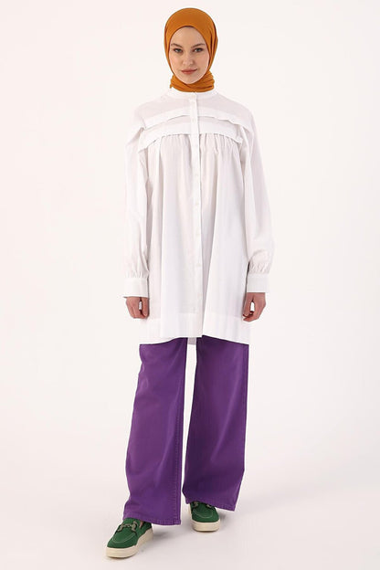 White 100% Cotton Judge Collar Pleated Cotton Tunic