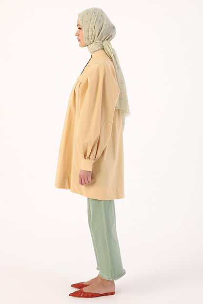 Dirty Yellow 100% Cotton Judge Collar Pleated Cotton Tunic