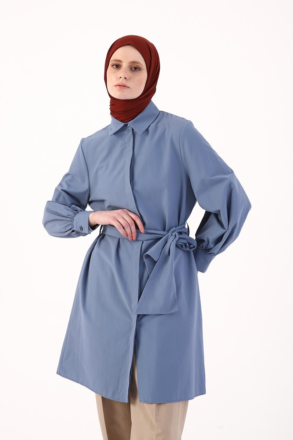 Blue Balloon Sleeve Belt Detailed Shirt Tunic