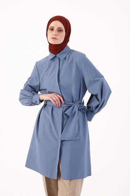 Blue Balloon Sleeve Belt Detailed Shirt Tunic