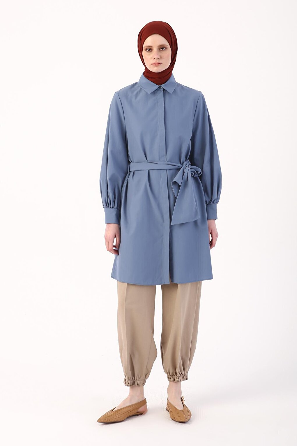 Blue Balloon Sleeve Belt Detailed Shirt Tunic