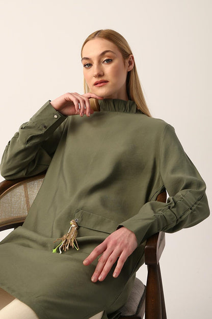 Khaki Sleeve Detailed Tunic with Pocket Tassels