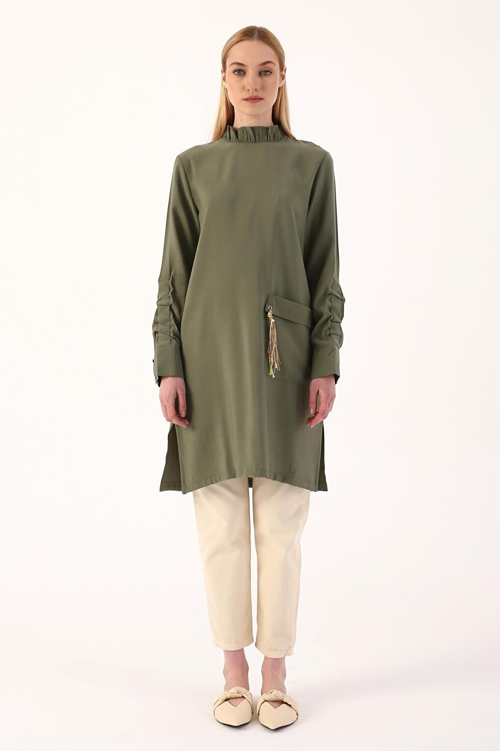 Khaki Sleeve Detailed Tunic with Pocket Tassels